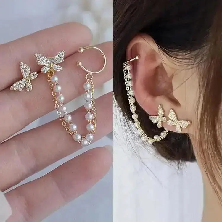 Korean fashion pearl tassel earrings with needle hook, featuring 5mm crystal beads for elegant, trendy accessory style.