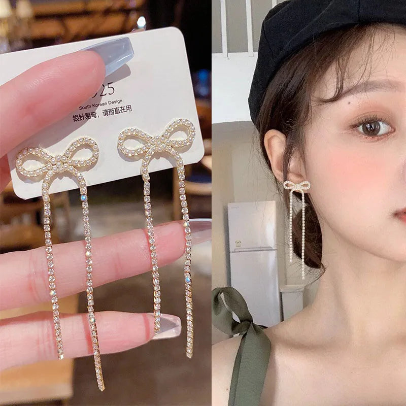 Korean-style pearl tassel earrings with needle hook, featuring 5mm crystal beads, stylish and trendy jewelry accessory