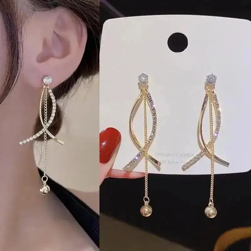 Korean-style pearl tassel earrings with needle hook, featuring 5mm crystal beads, stylish and trendy jewelry accessory.