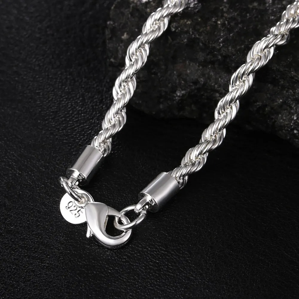 Silver 4mm men's braided rope chain necklace with 55cm and 20cm lengths, featuring a durable and stylish design.