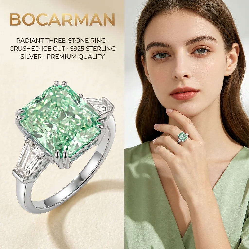 Sterling silver S925 ring with green mint cubic zirconia, featuring a polished band and elegant design.