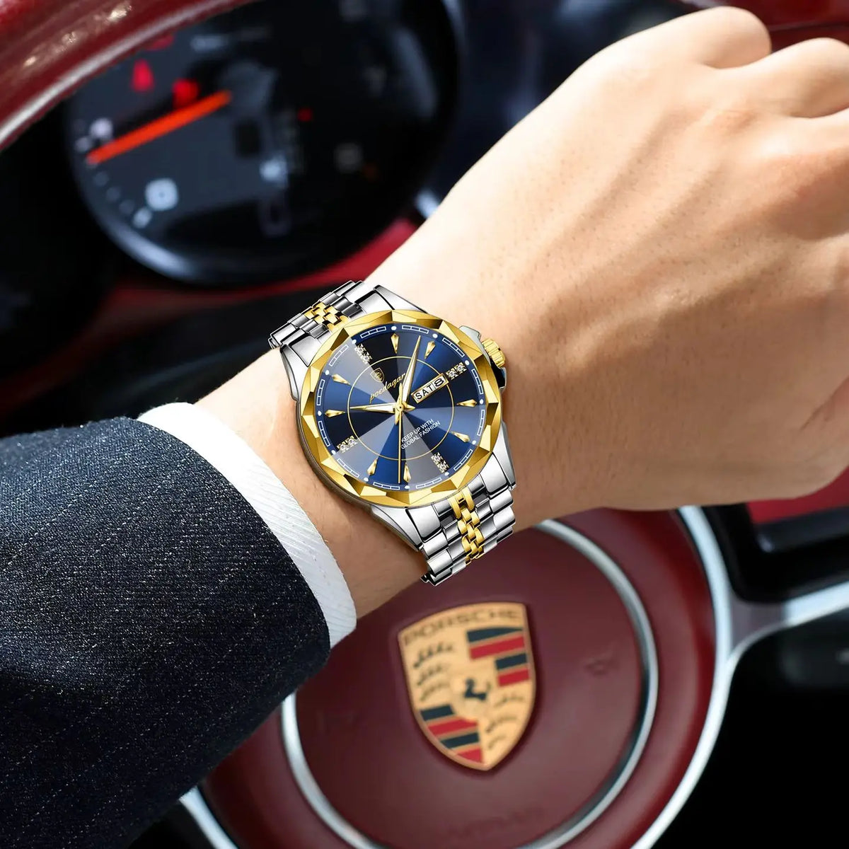 Silver and white POEDAGAR men's business wristwatch by Corporación Turística with a durable design and classic style.