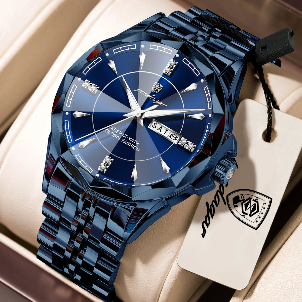 Silver men's POEDAGAR business wristwatch with a durable strap, featuring a sleek design suitable for professional attire.