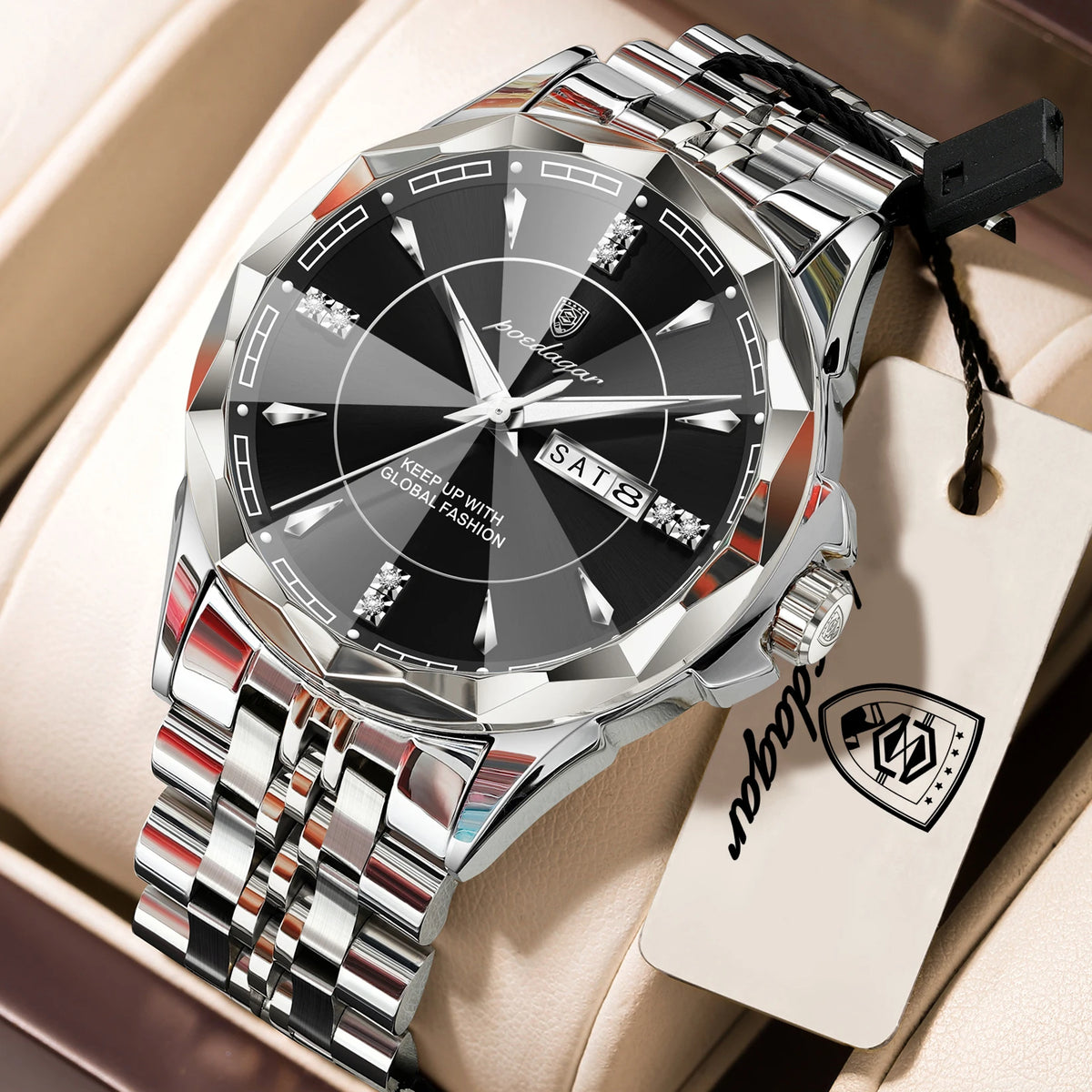 Silver and white POEDAGAR men's business wristwatch by Corporación Turística, with a sleek, durable design for professional wear.