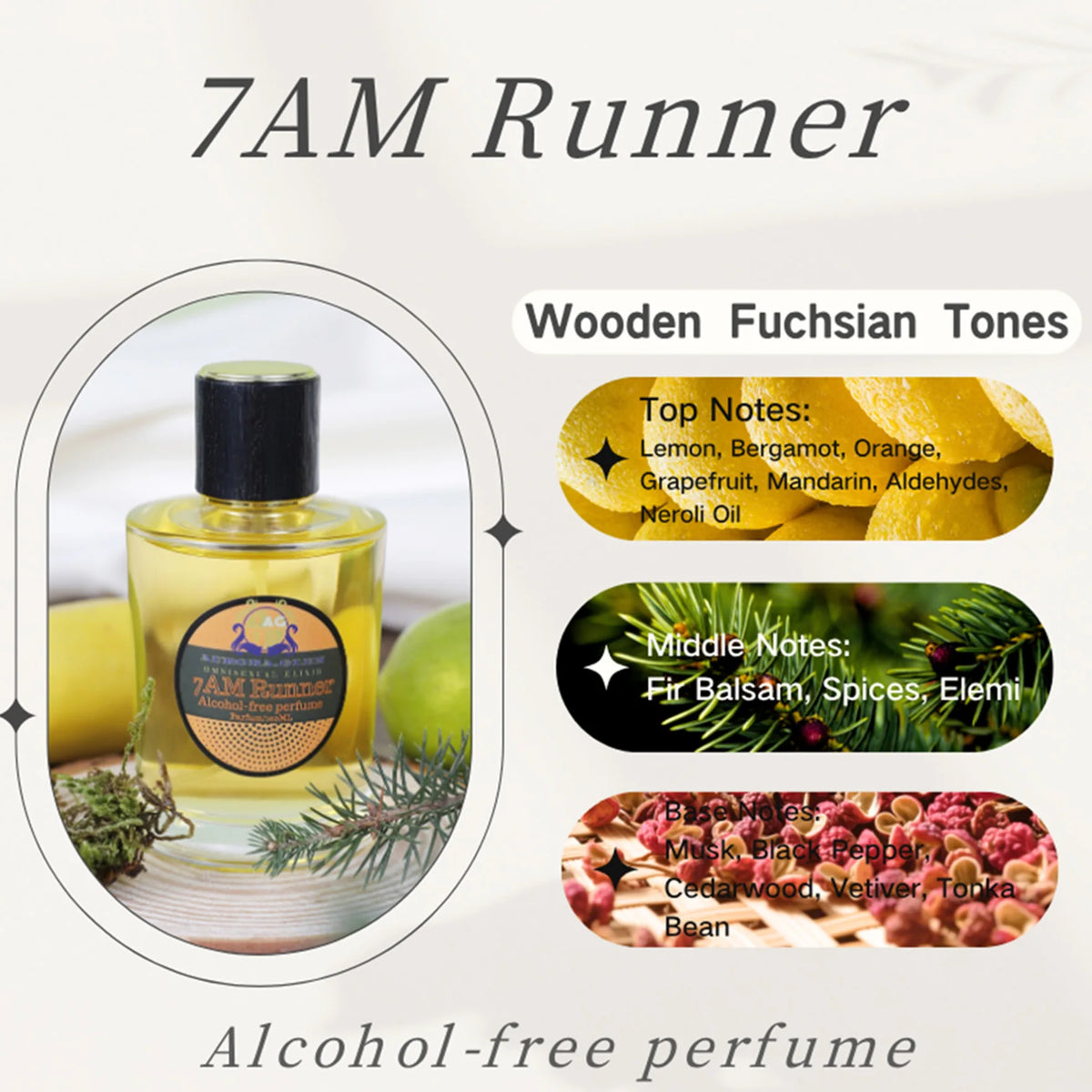 Essential oil spray with woody spicy fragrance by Corporación Turística, featuring a sleek bottle and aromatic mist.