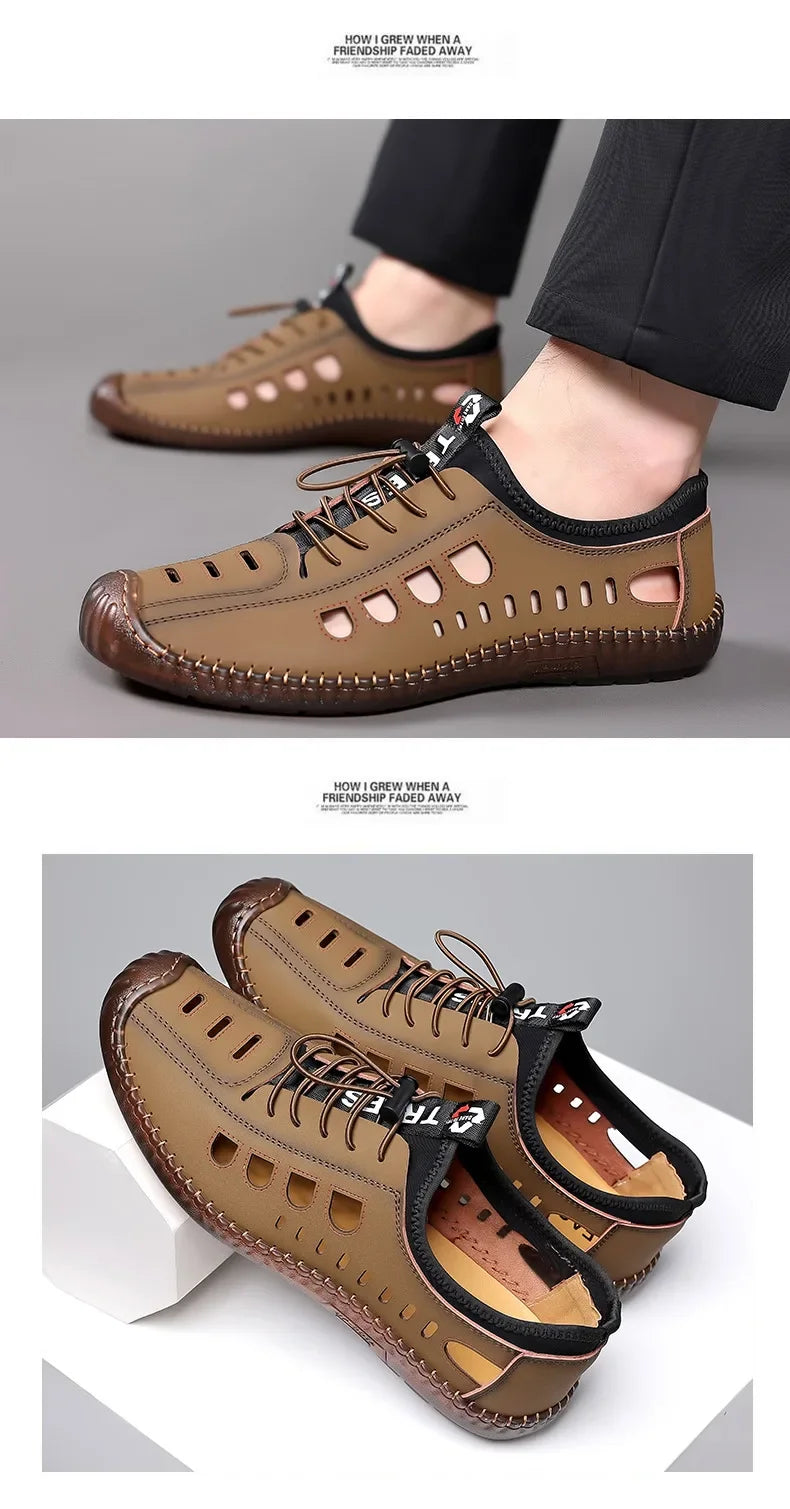 Brown men's leather casual sandals with cushioned insoles, featuring a comfortable open-toe design for everyday wear.