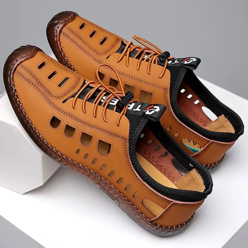 Brown men's leather slip-on sandals by Corporación Turística with soft leather straps and 27cm insole for casual wear.
