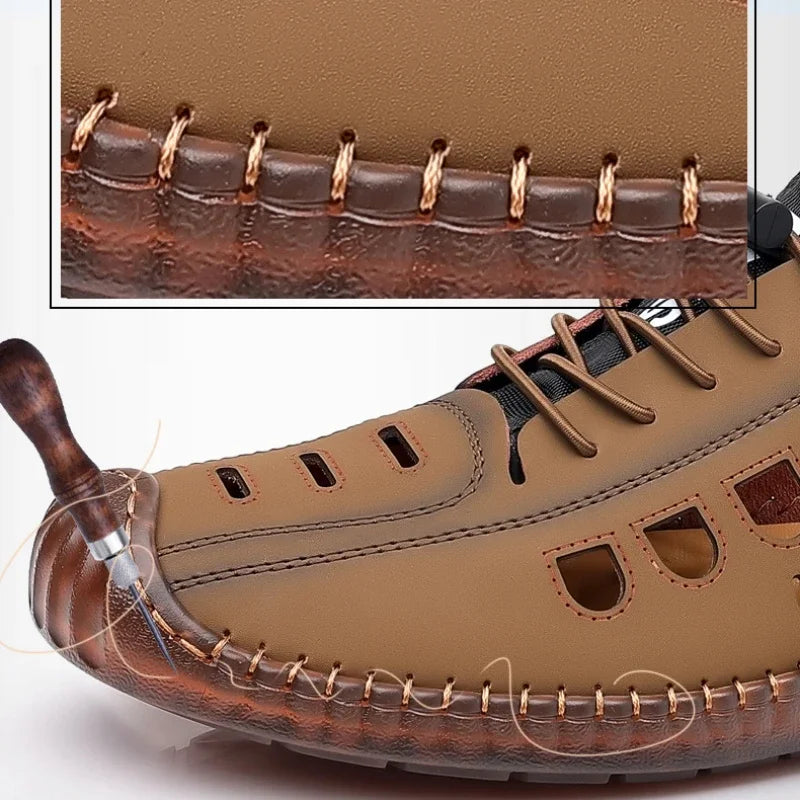 Brown men's leather sandals with soft leather straps and casual design, featuring a comfortable insole and open-toe style.