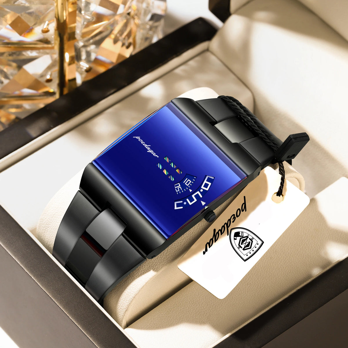 Black and gold POEDAGAR men's rectangular sports watch by Corporación Turística, featuring a sleek, modern design.