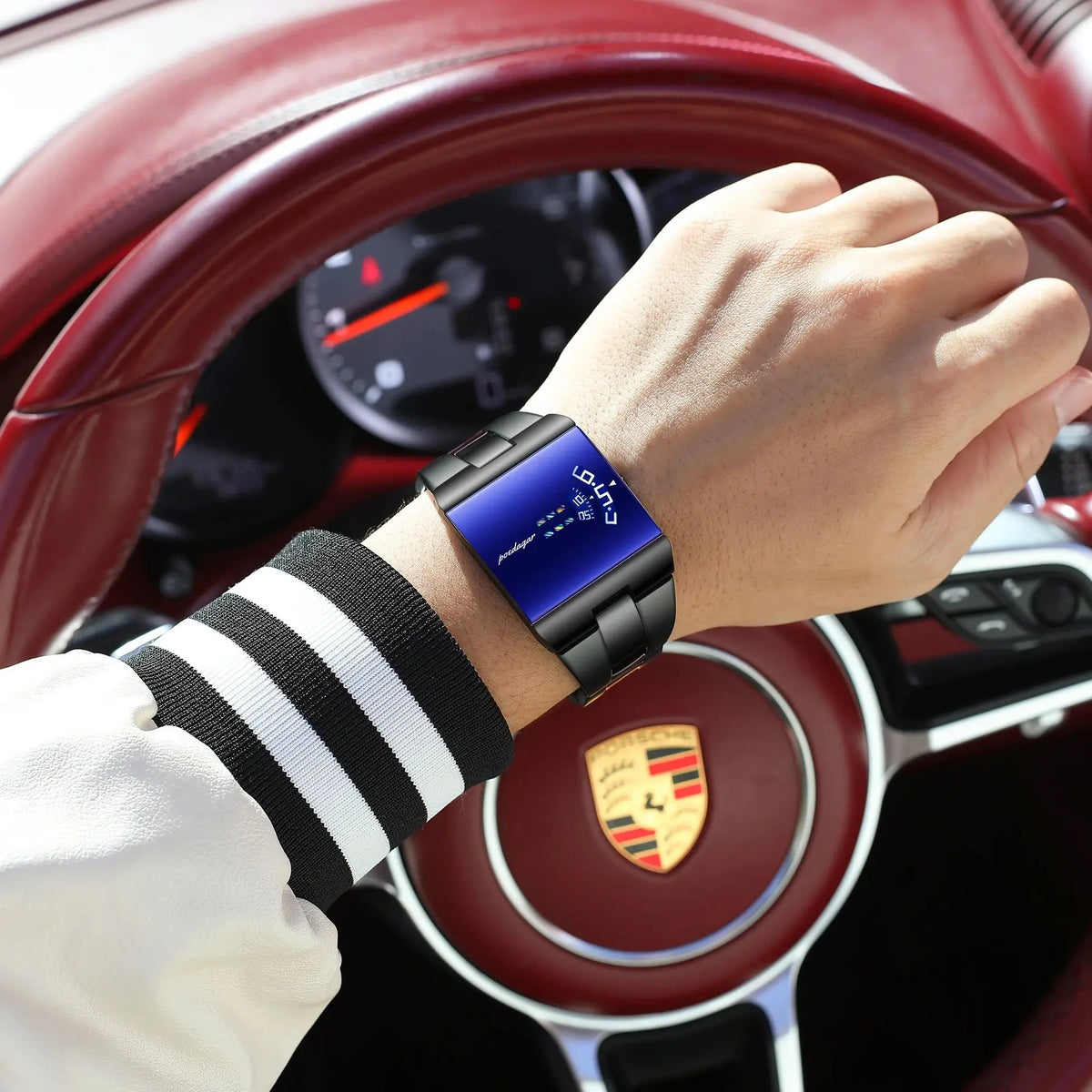 Black and gold POEDAGAR men's original rectangular sports watch by Corporación Turística, with a sleek design and digital display.