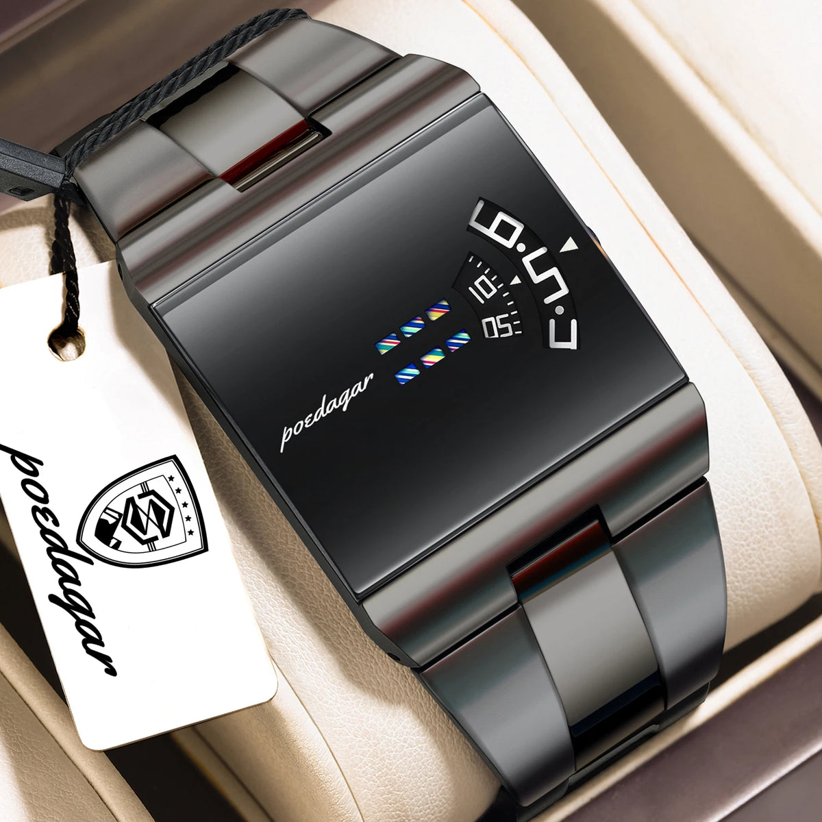 Original POEDAGAR men's rectangular sports watch in black and gold with a sleek design, suitable for active and casual wear.