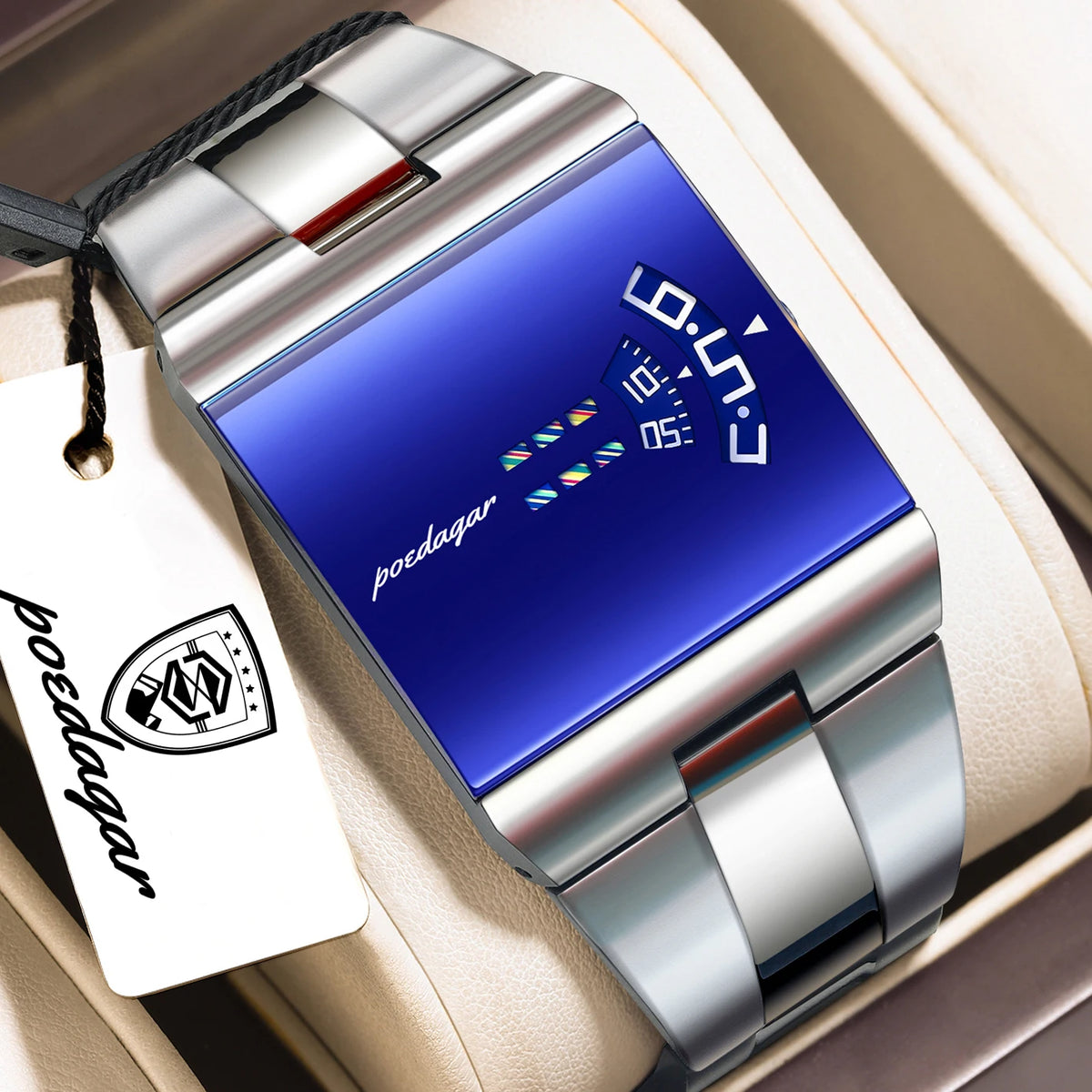 Black and gold POEDAGAR men's rectangular sport watch by Corporación Turística, featuring a sleek design and digital display.