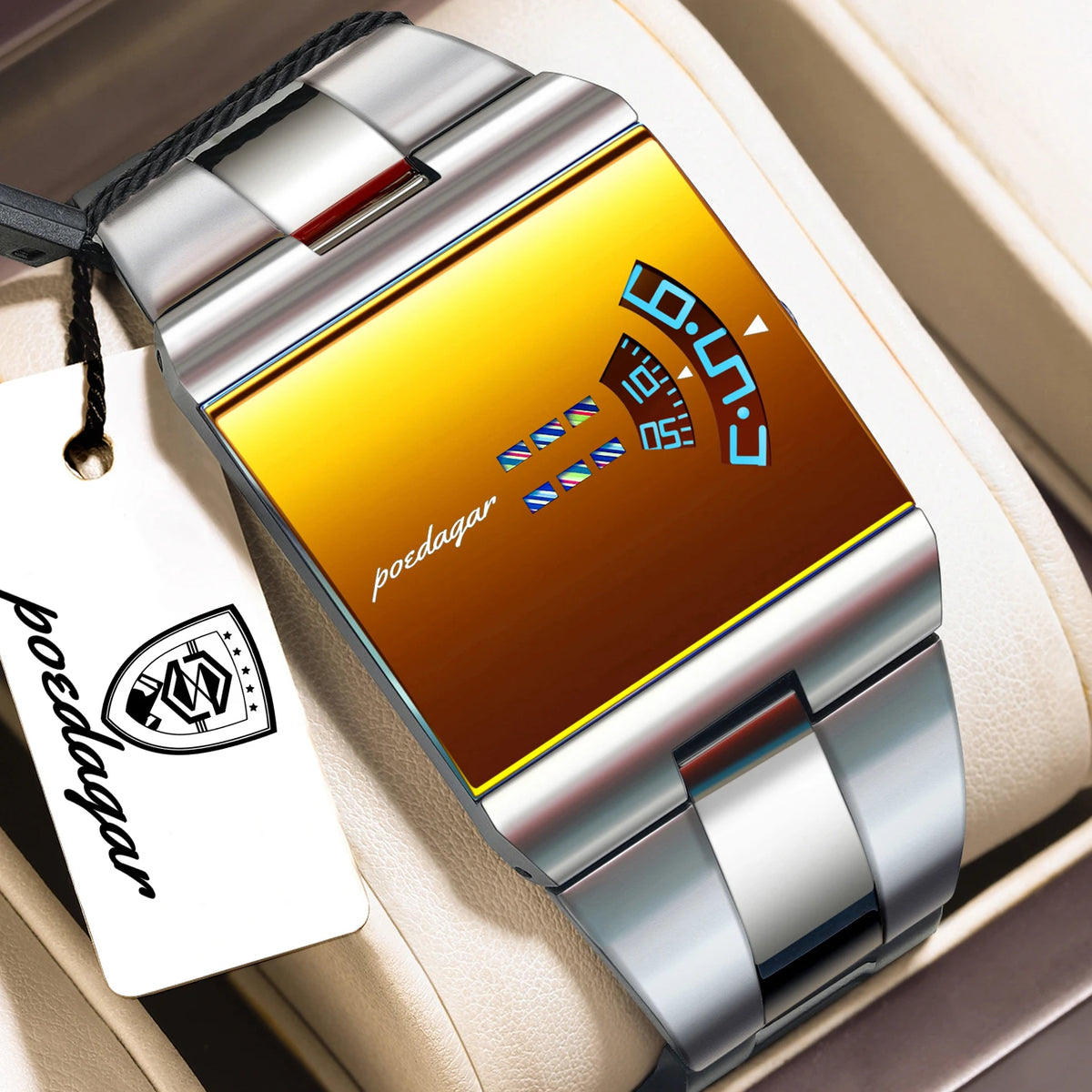 Black and gold rectangular men's POEDAGAR sports watch with a sleek design, featuring a durable strap and modern style.