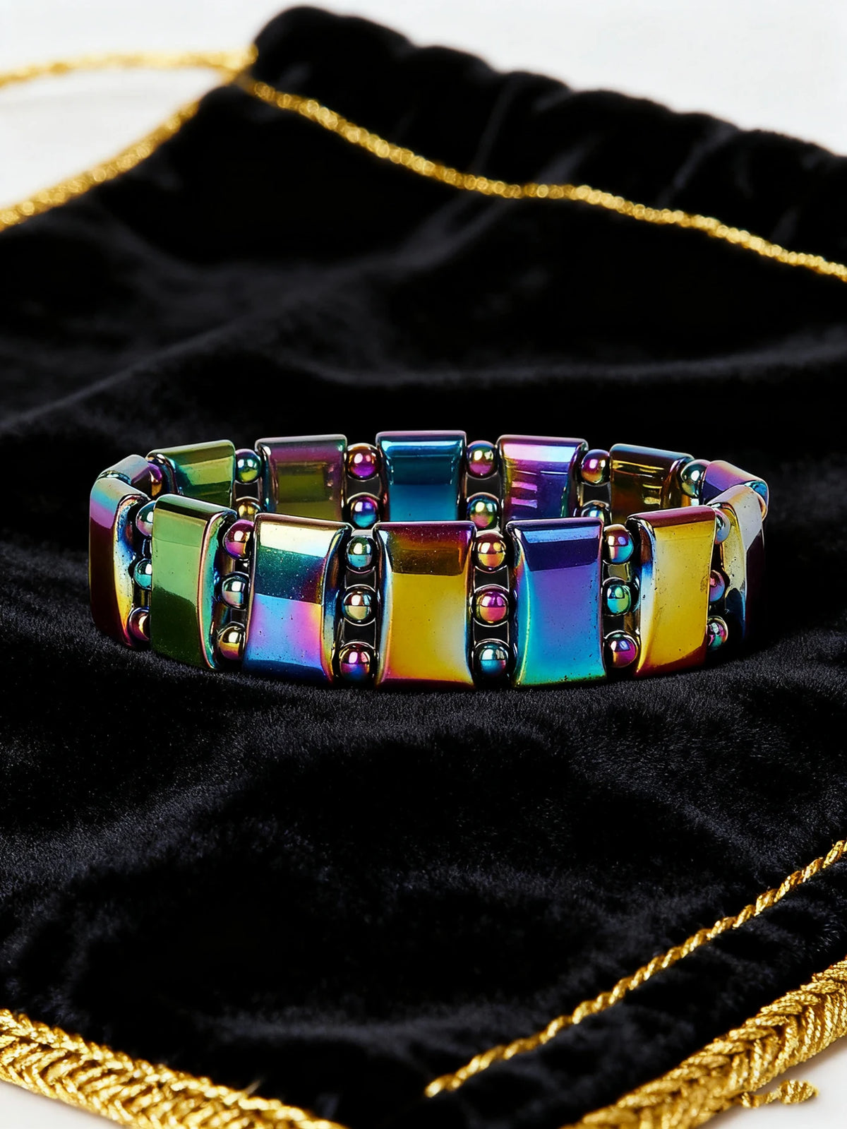 Natural hematite bracelet with rectangular stone beads, 19cm length, crafted by Corporación Turística.