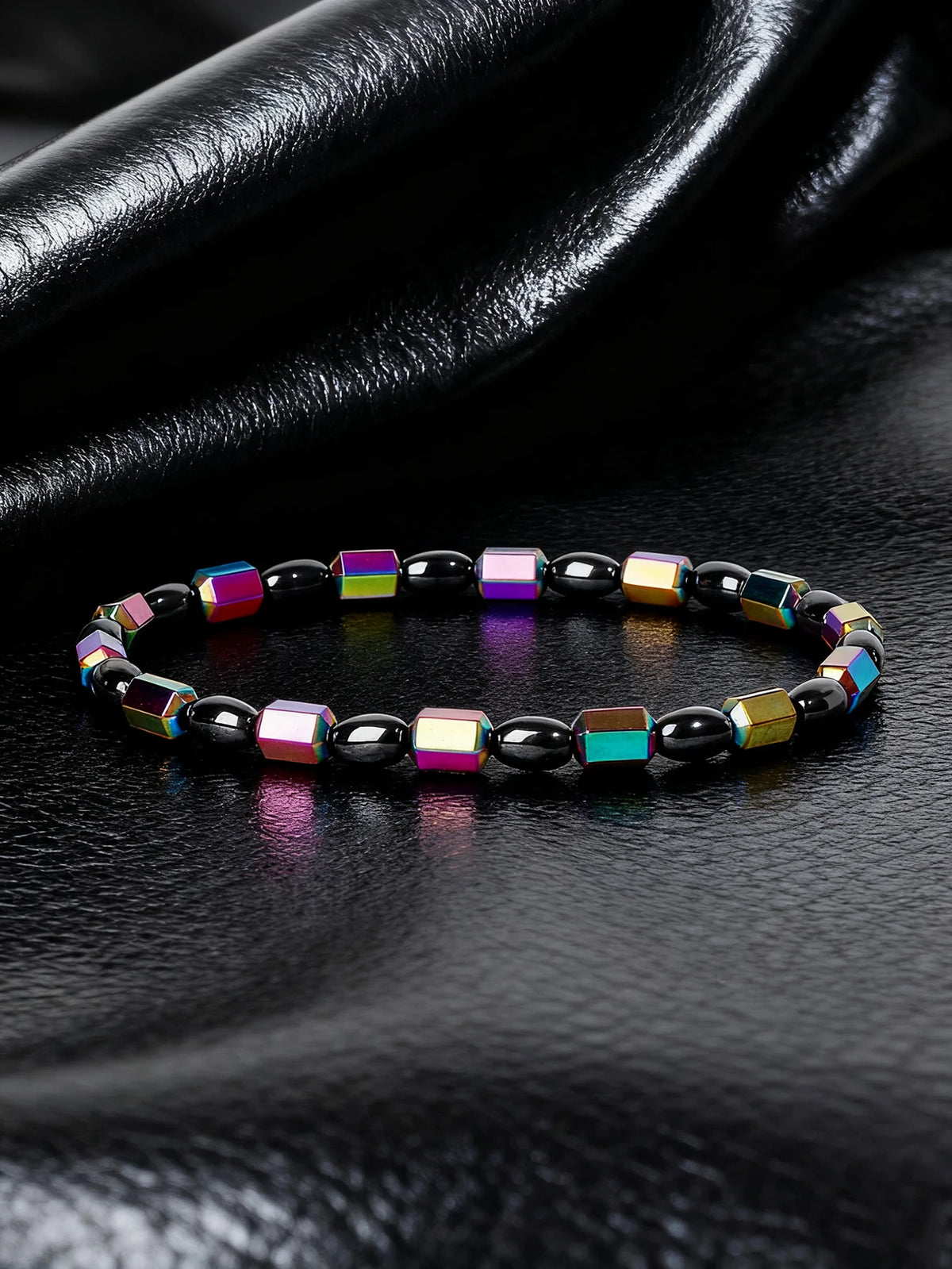 Hematite beaded bracelet with rectangular natural stone beads, 19cm (7.5 inches) length, from Corporación Turística.