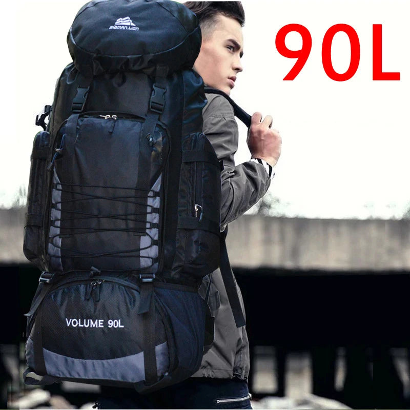 Large 90L black travel bag from Corporación Turística, camping backpack for hiking and outdoor adventures.