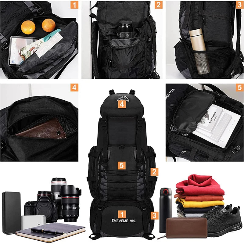 Large 90L black travel bag from Corporación Turística, camping backpack for hiking and outdoor adventures.