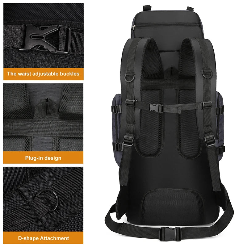 Large 90L black travel bag from Corporación Turística, camping backpack for outdoor adventures and hiking trips.