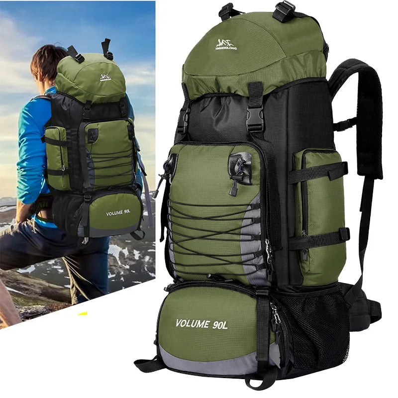 Large 90L black travel bag from Corporación Turística, camping and hiking backpack with spacious design for outdoor adventures.