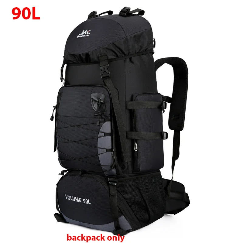 Large 90L black travel bag from Corporación Turística, camping and hiking backpack for outdoor adventures.