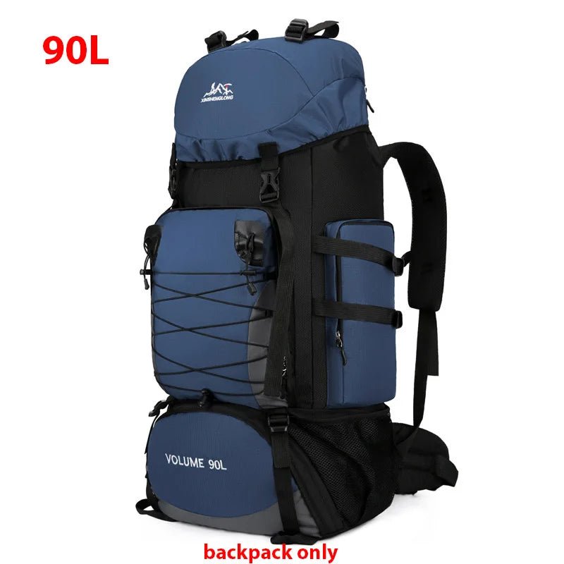 Large 90L black travel bag by Corporación Turística, camping and hiking backpack with spacious design for outdoor adventures.