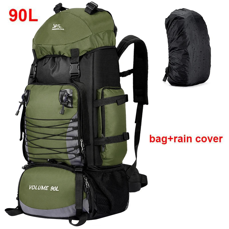 Large 90L black travel bag by Corporación Turística, camping and hiking backpack with spacious design for outdoor adventures.