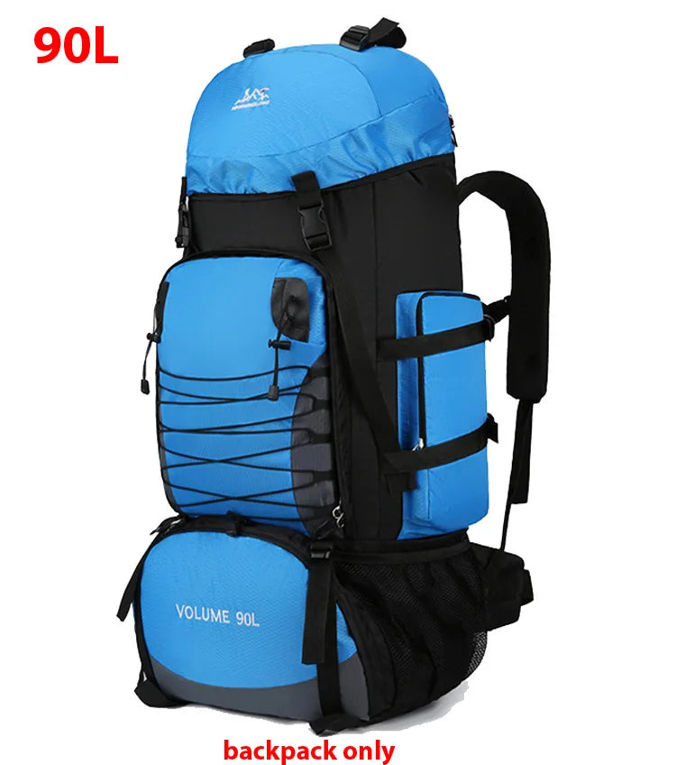 Large 90L black travel bag from Corporación Turística, sturdy camping and hiking backpack with multiple compartments.
