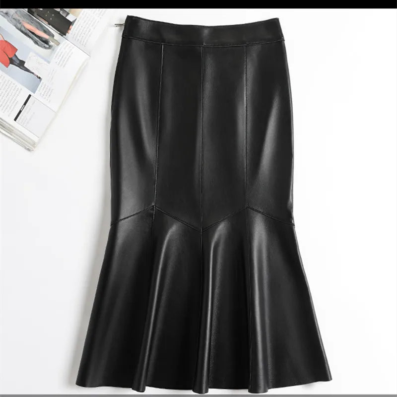 Yellow high-waisted wool leather midi skirt for women, stylish and elegant, shown on a model with natural movement.