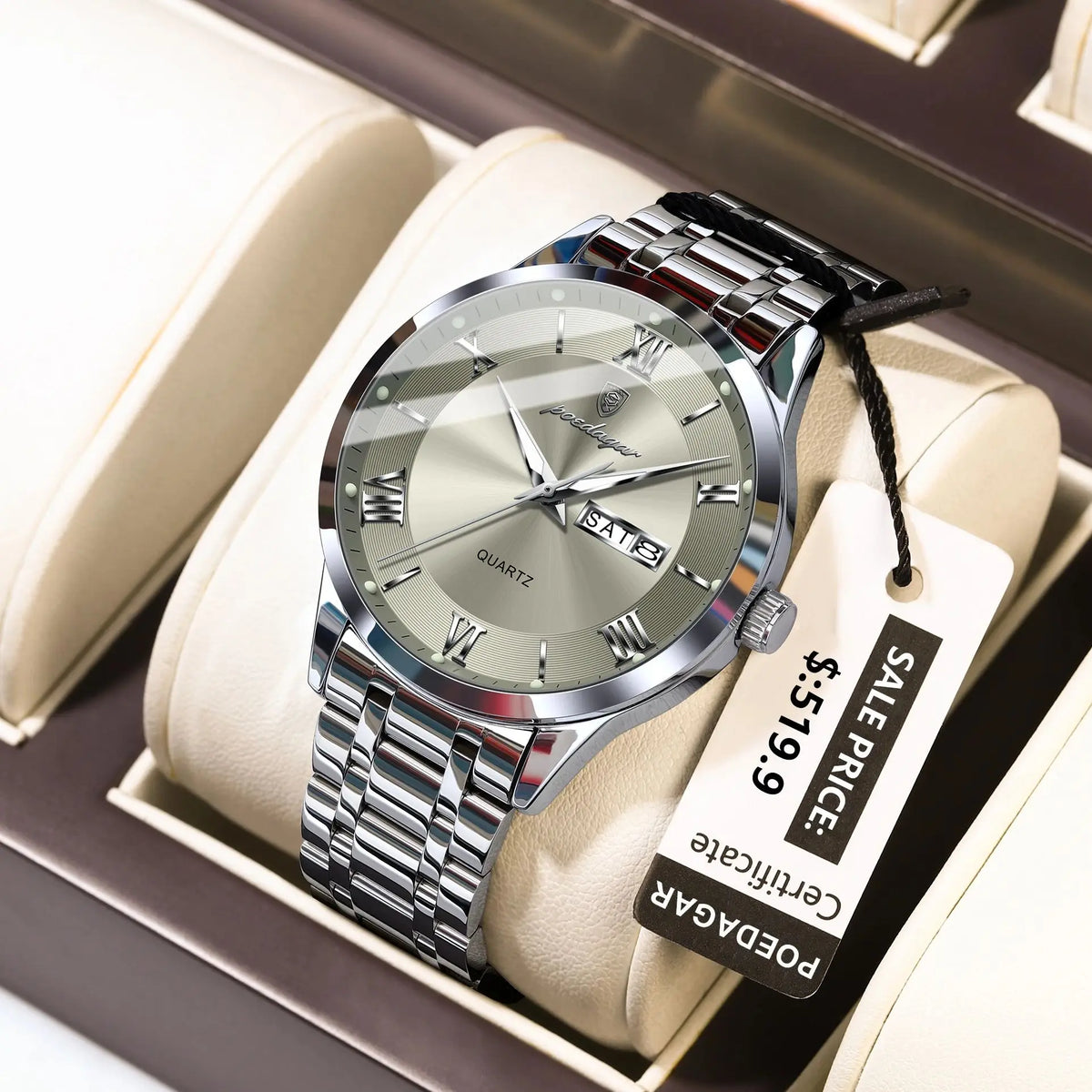 Luxury POEDAGAR men's fashion watch with gold and white dial, featuring a sleek design and metal strap.