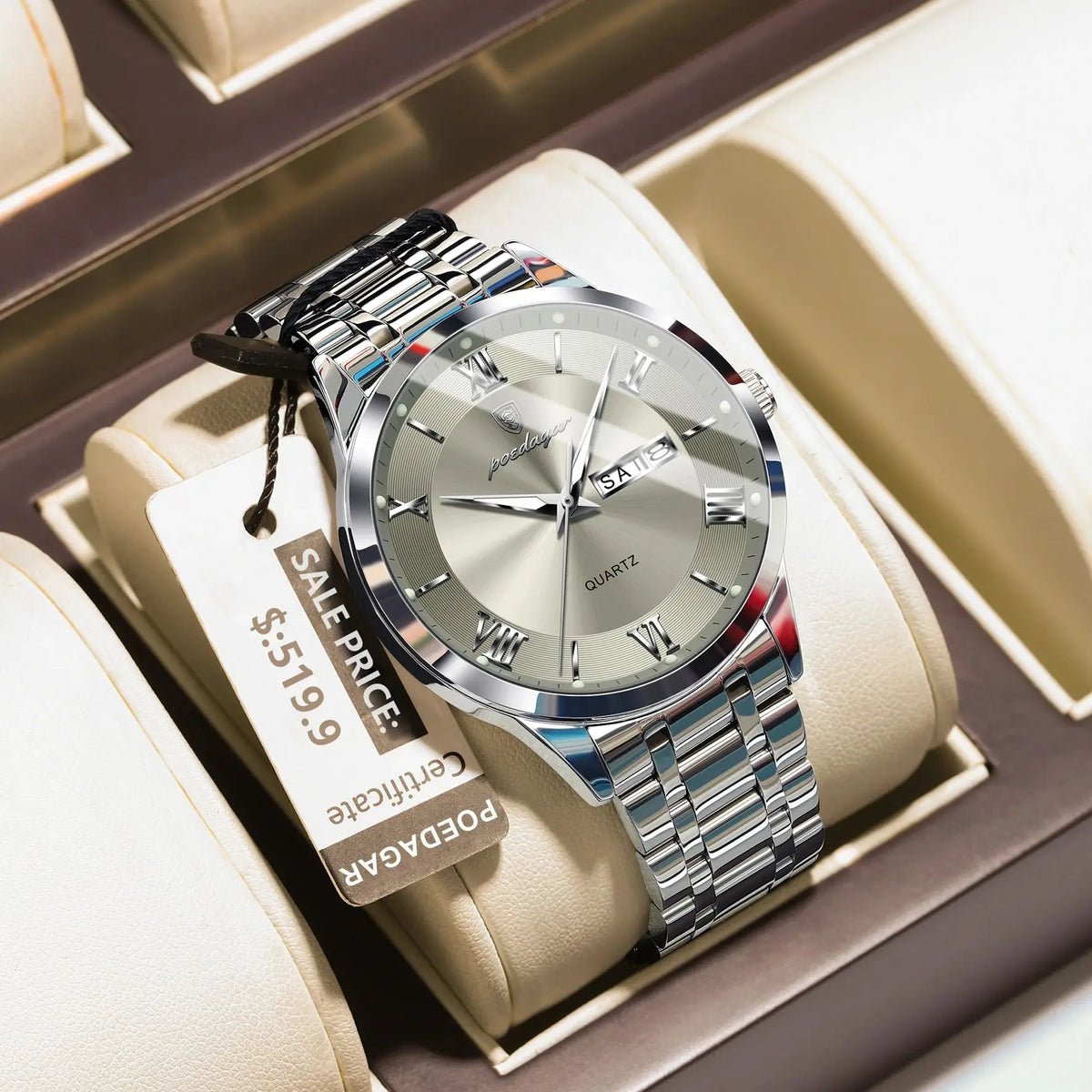 Luxury POEDAGAR men's fashion watch with gold and white dial, stainless steel band, and elegant design.