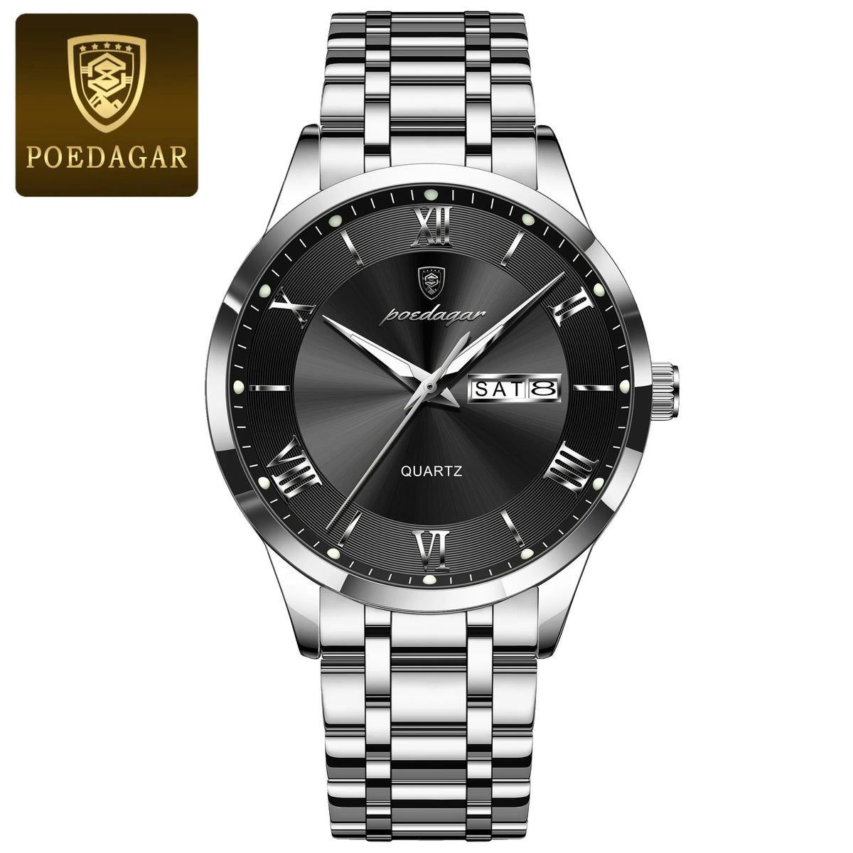 Luxury POEDAGAR men's fashion watch with gold and white dial, stainless steel band, and elegant design for stylish men.