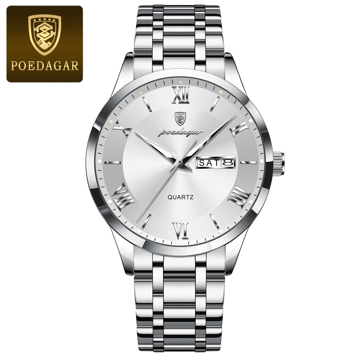 Luxury POEDAGAR men's fashion watch with gold and white dial, featuring a sleek design and silver strap.