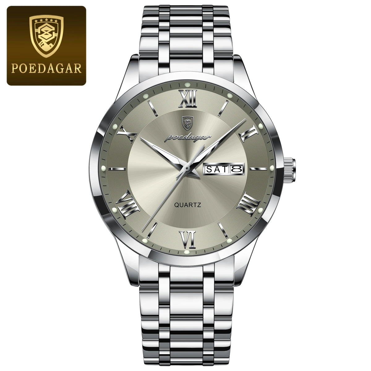 Luxury POEDAGAR men's fashion watch with gold and white dial, featuring a sleek design and metal bracelet.
