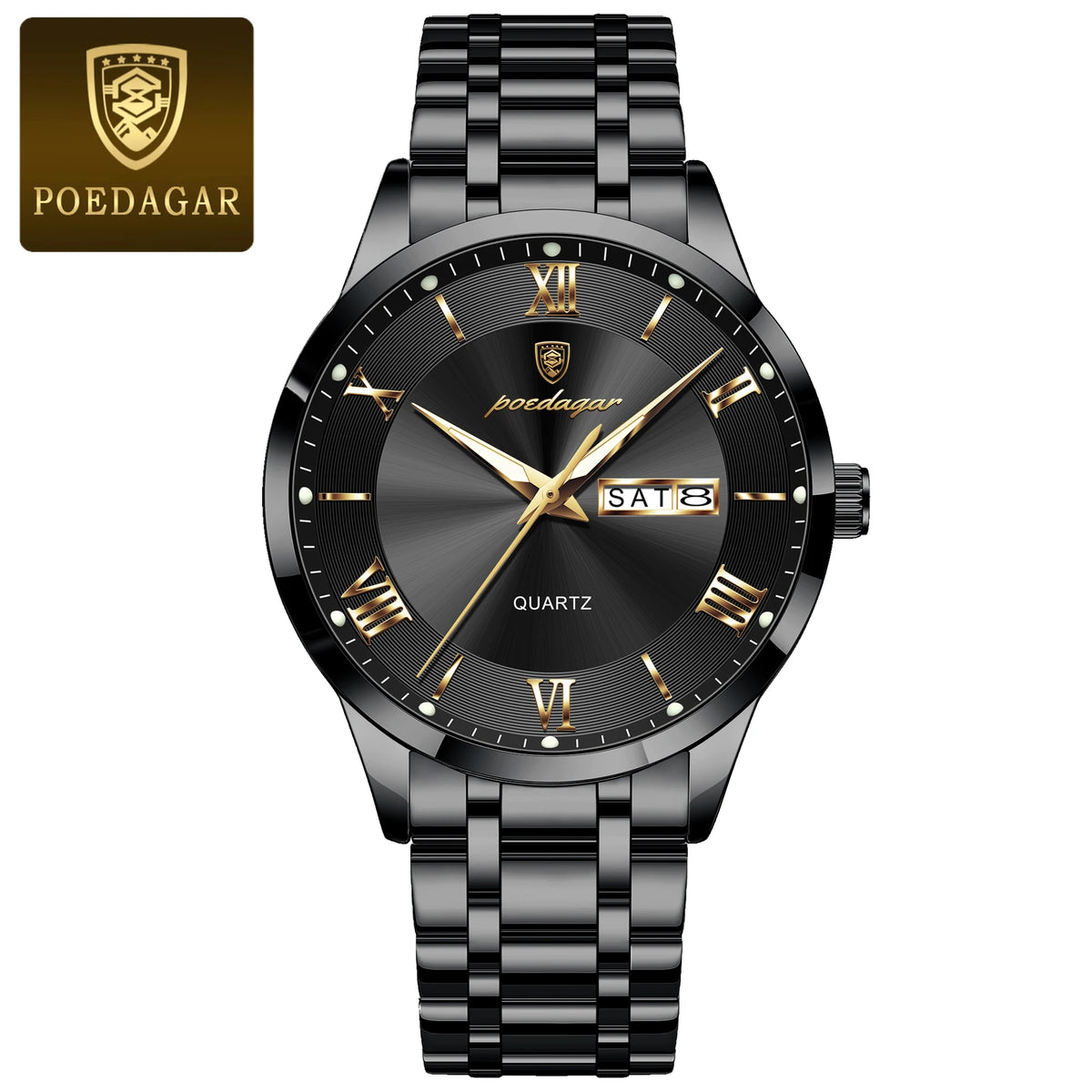 Luxury POEDAGAR men's fashion watch with gold and white dial, stainless steel band, and elegant design by Corporación Turística.