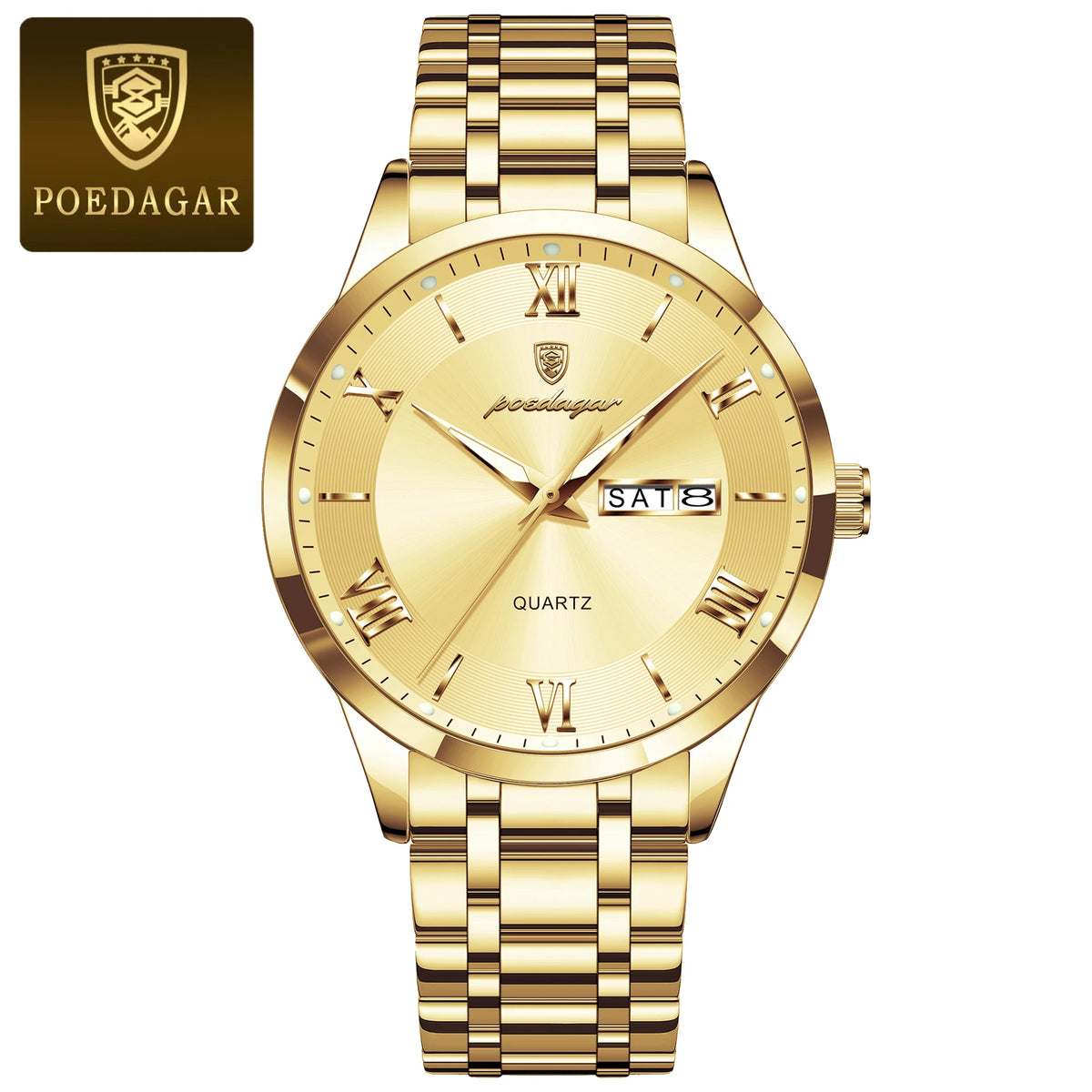 Luxury POEDAGAR men's fashion watch with gold and white dial, silver band, featuring a sleek, modern design for stylish sophistication.