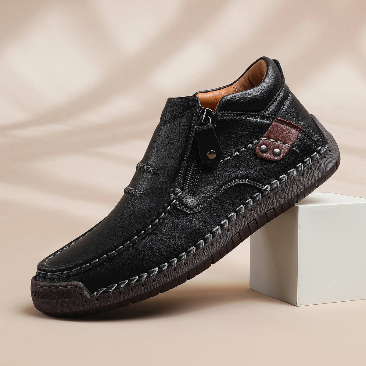 Light brown men's leather classic boots from Corporación Turística, featuring a sturdy design and casual sneaker style.