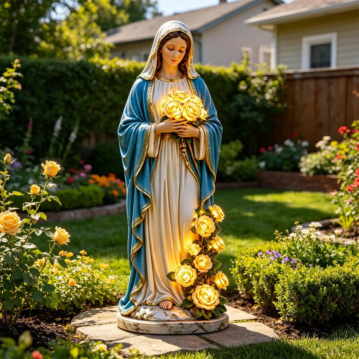 Garden Virgen María statue by Corporación Turística with roses and illumination, ideal for outdoor religious garden decor.
