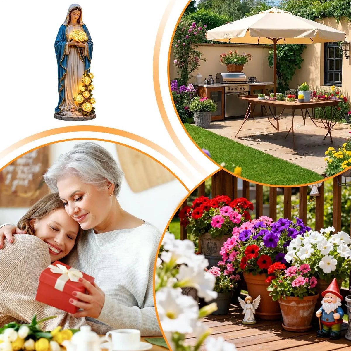 Statue of the Virgin Mary for garden with roses, illuminated, by Corporación Turística, detailed outdoor religious garden decor