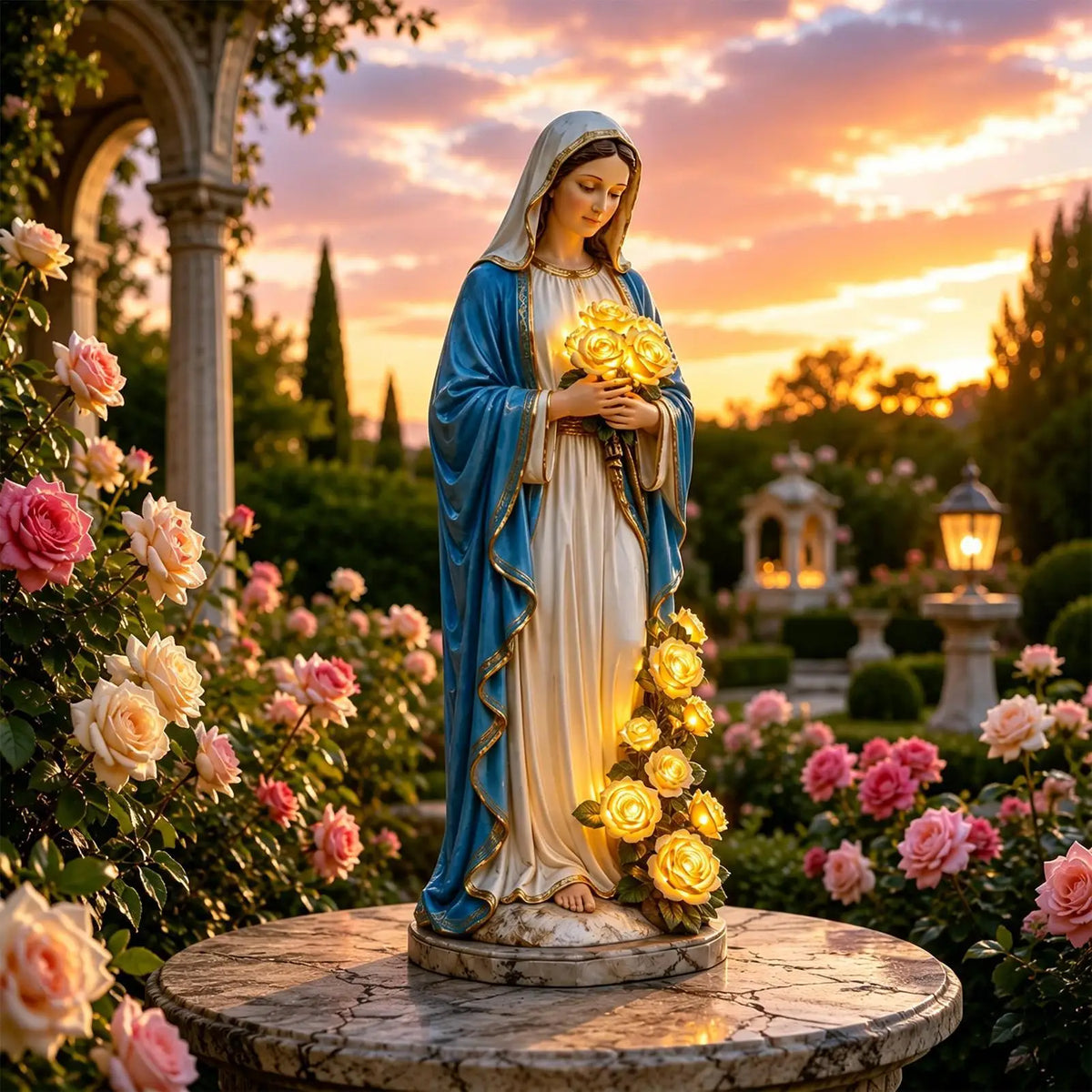 Decorative Virgen María garden statue with roses and illumination, crafted by Corporación Turística, ideal for outdoor religious displays.