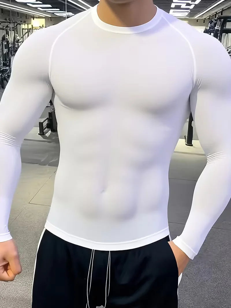 Men's high-elasticity compression fitted T-shirt by Corporación Turística, showcasing a snug, supportive athletic shirt.