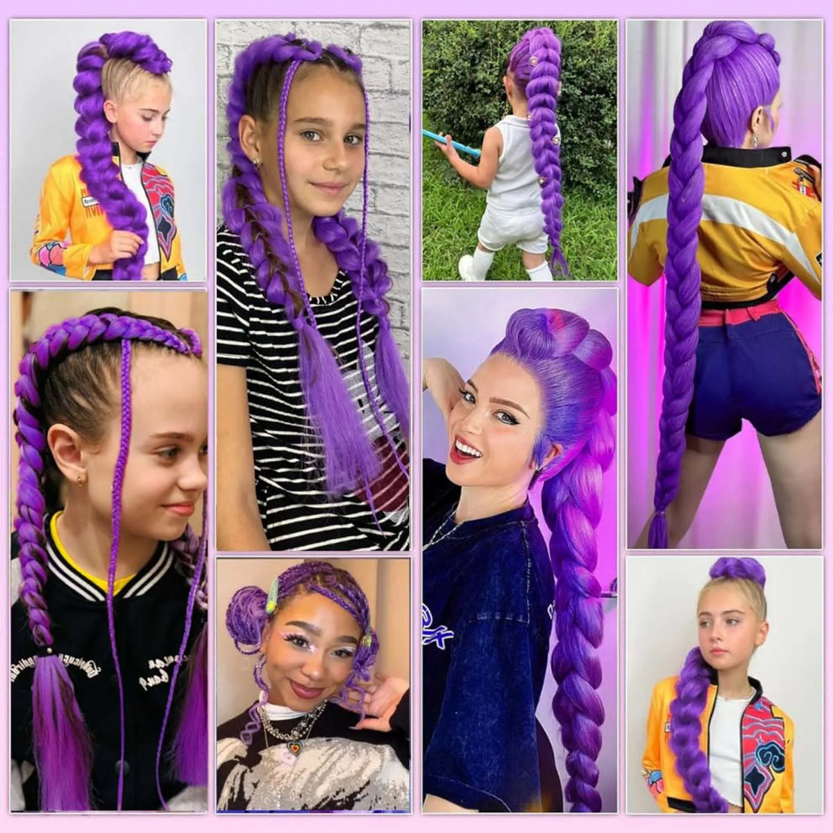 Long purple synthetic braided hair extensions by Corporación Turística, featuring vibrant purple color and intricate braid details.