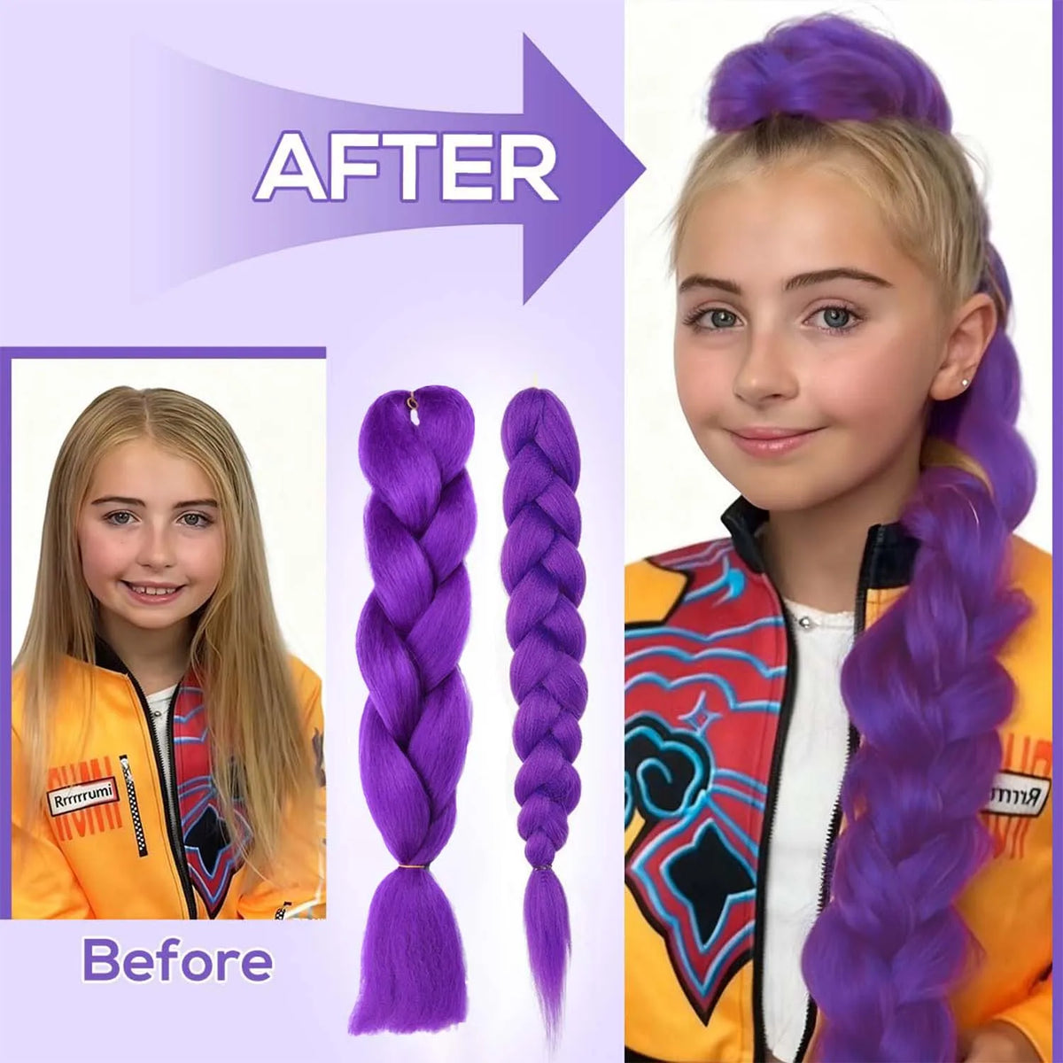 Long purple synthetic braided hair extensions by Corporación Turística, showing vibrant braided strands for a stylish look.