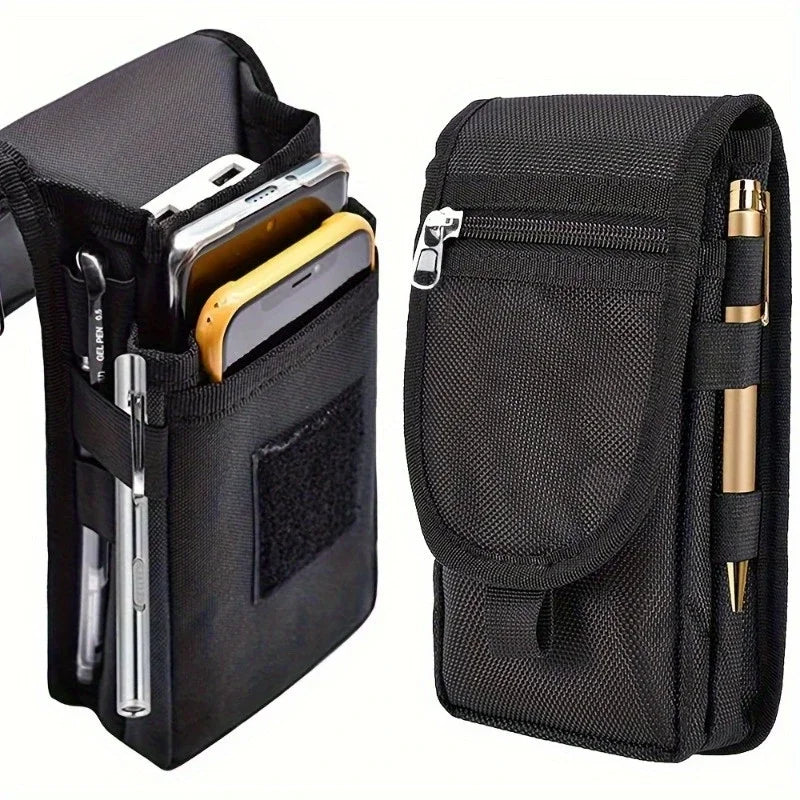 Black nylon multifunctional belt bag for men, fits mobile phones up to 6.3 inches, with exterior pocket and adjustable strap.