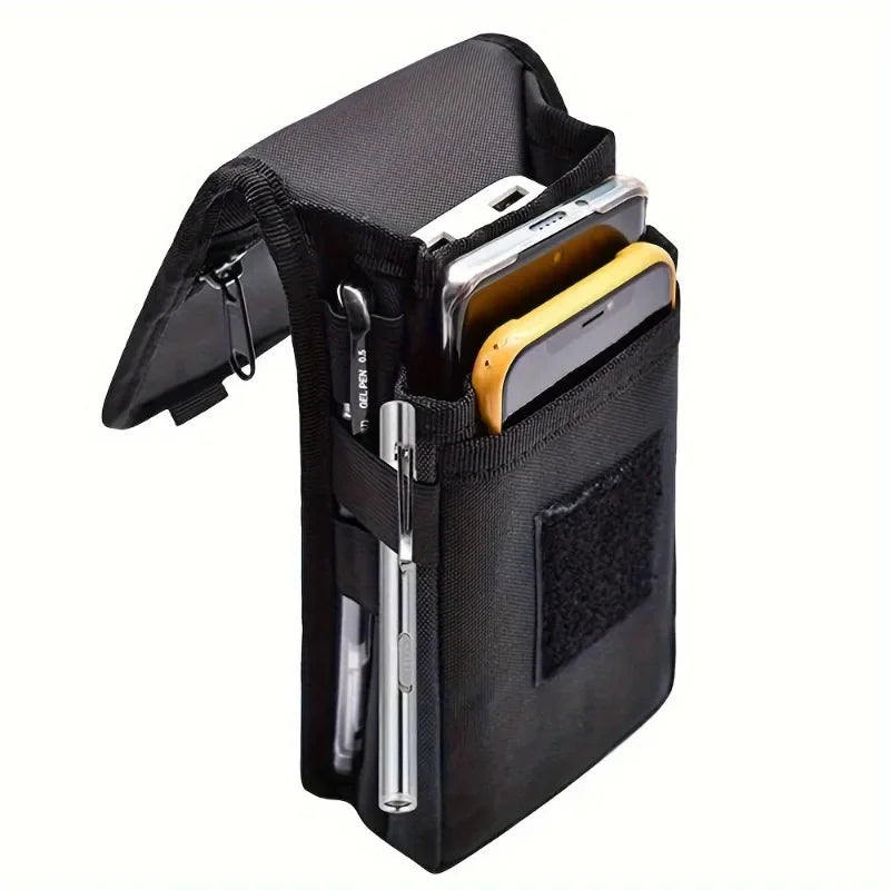 Black nylon multifunctional belt bag for men, designed to hold a 6.3-inch mobile phone, with exterior compartments.