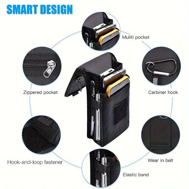Black nylon multifunctional belt bag for men, designed to hold mobile phones up to 6.3 inches, with exterior compartments.