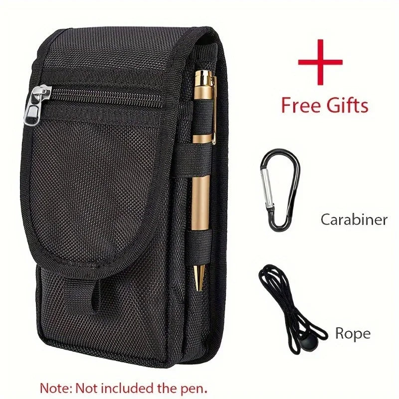 Black nylon multifunctional belt bag for mobile phones up to 6.3 inches, exterior design, suitable for men, by Corporación Turística.