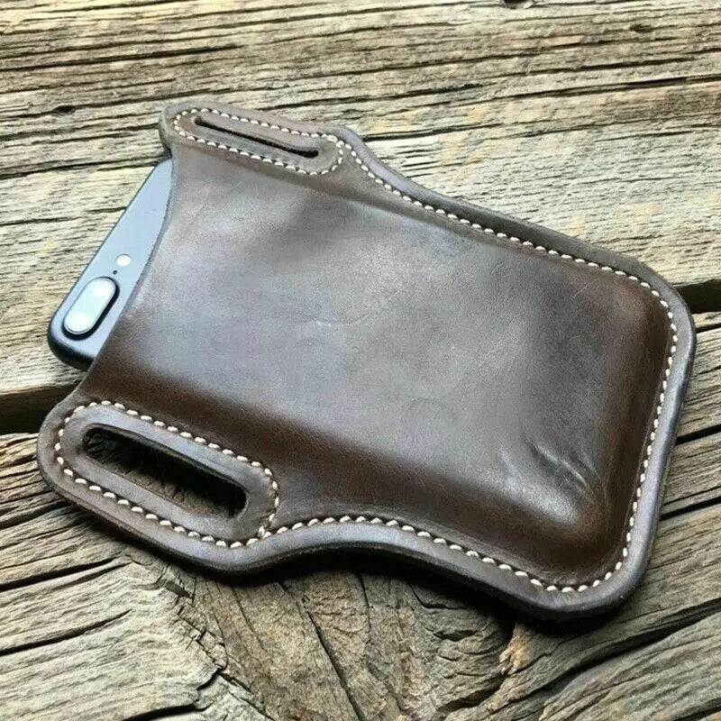 Light brown PU leather men's waist bag with wallet and mobile holder, ideal for running and travel, from Corporación Turística.