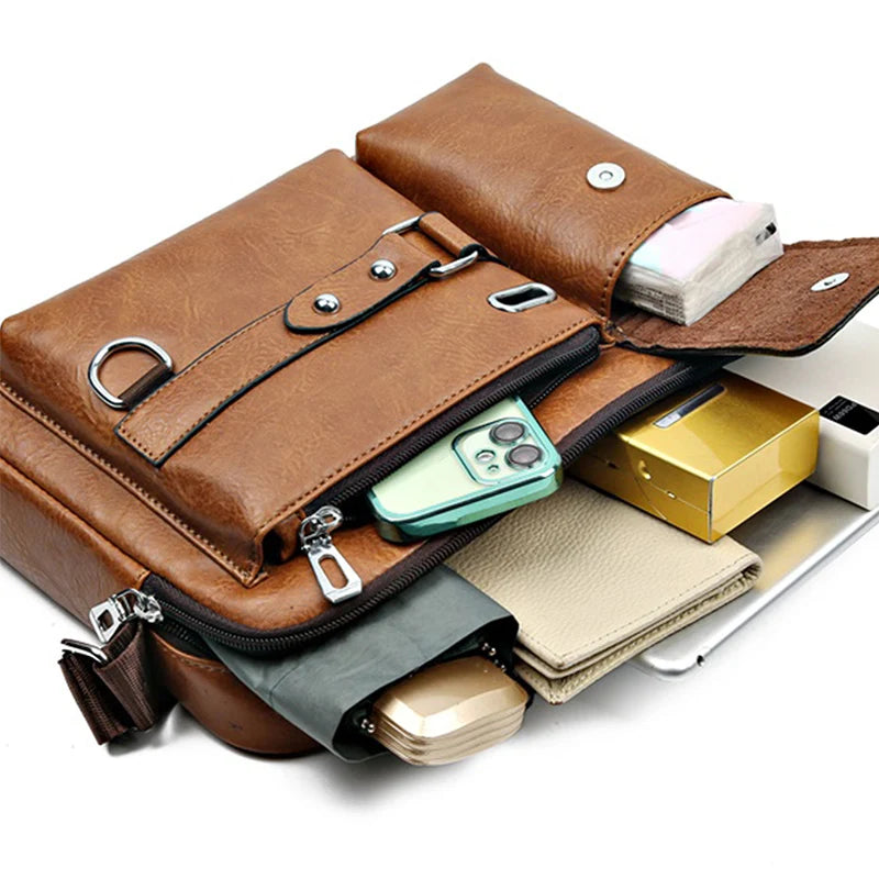 Retro men's messenger bag by Corporación Turística, waterproof, spacious, and portable in brown leather, ideal for daily use.
