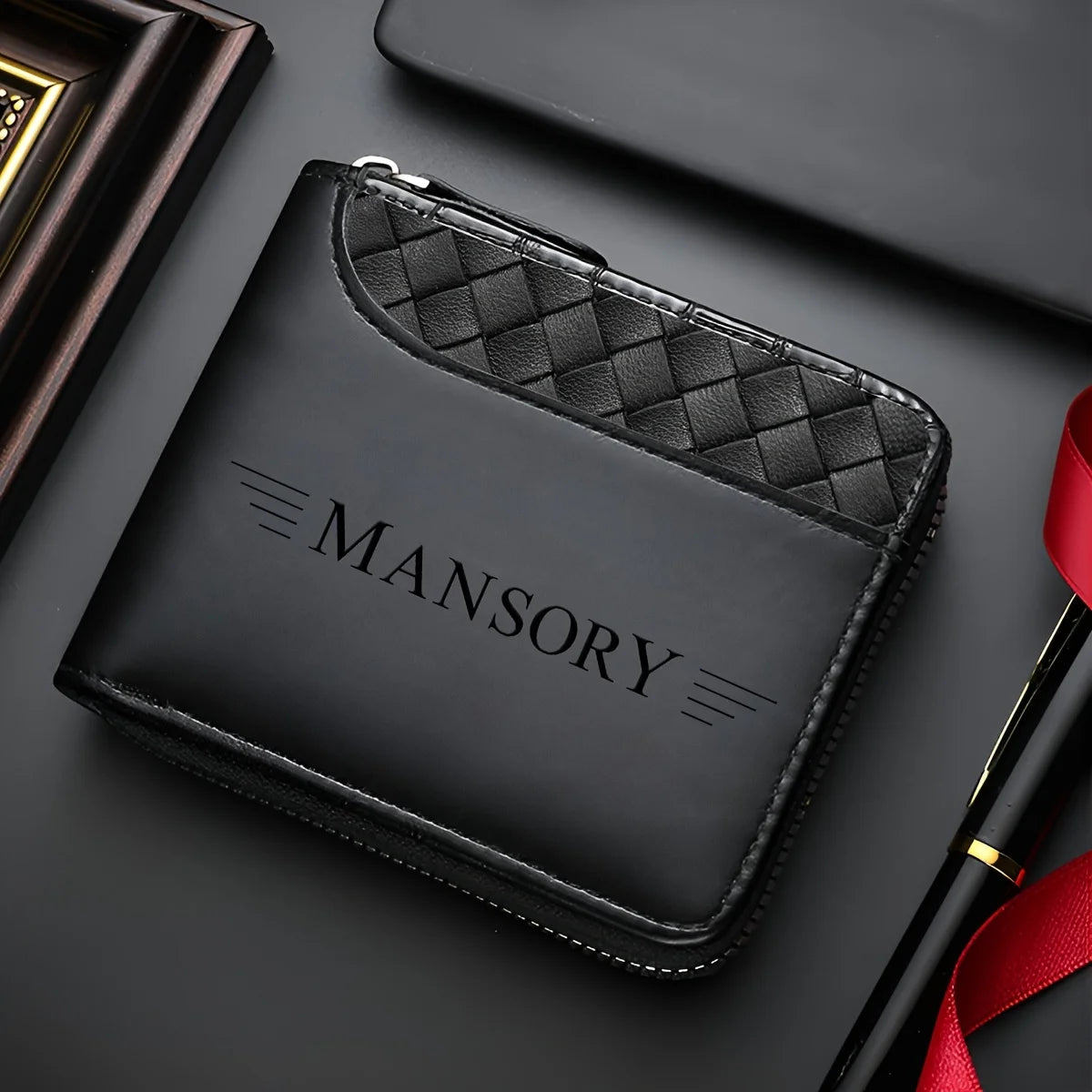 Luxury personalized men's wallet in black synthetic leather with engraved design, showcasing a high-end men's accessory.