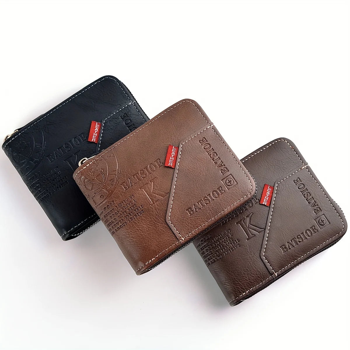 Black men's PU leather wallet with zipper, coin pocket, and card slots, featuring a sleek, short design from Corporación Turística.